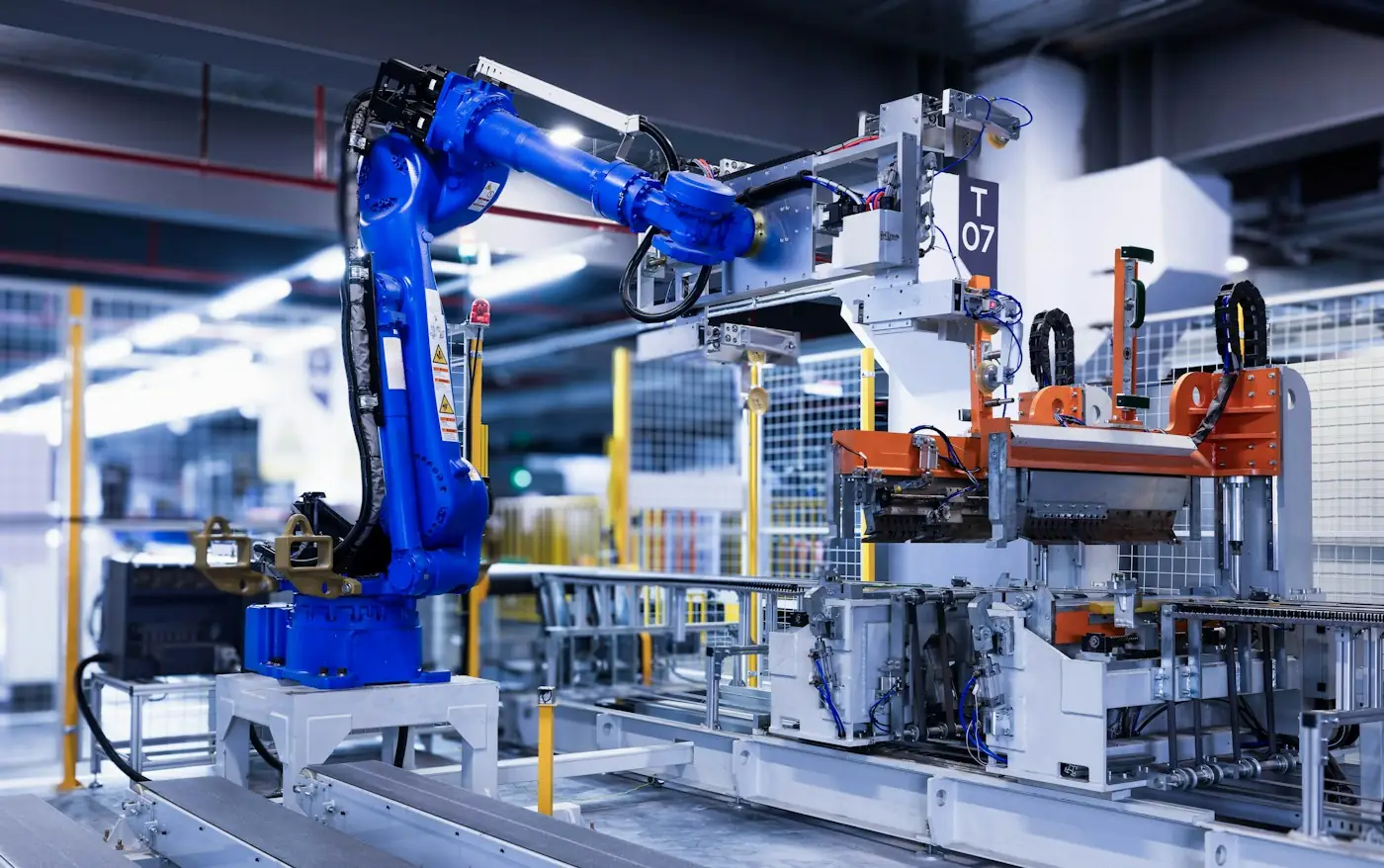 Industrial robot cell on a production line